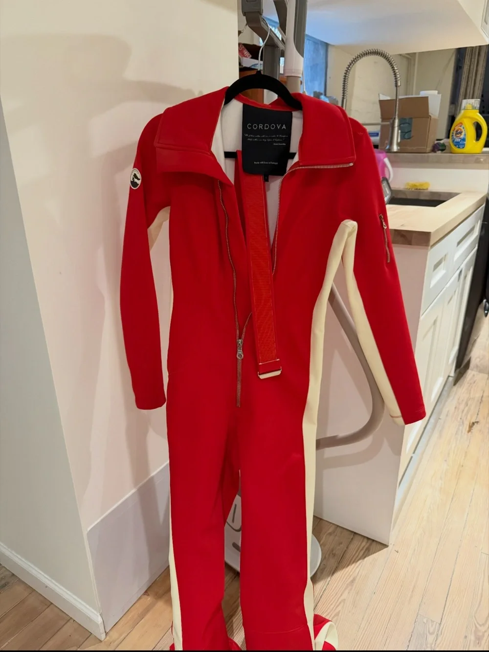 Women’s Red Ski One-Piece with Belted Waist